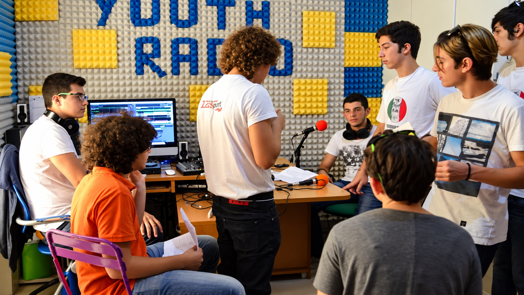 I giovani speaker nello studio durante la prima diretta di The Youth Radio